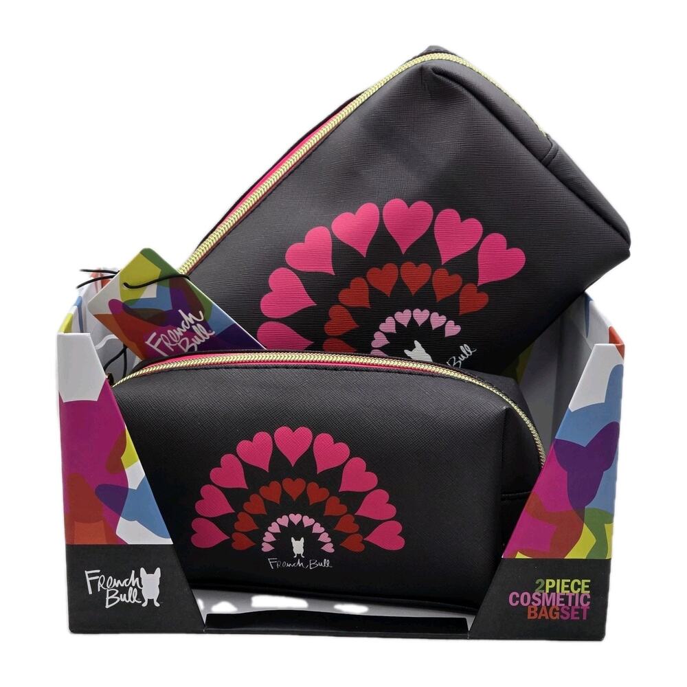 French Bull Dog‎ 2 Piece Set Cosmetic Black Pink Hearts Makeup Travel Organizer
